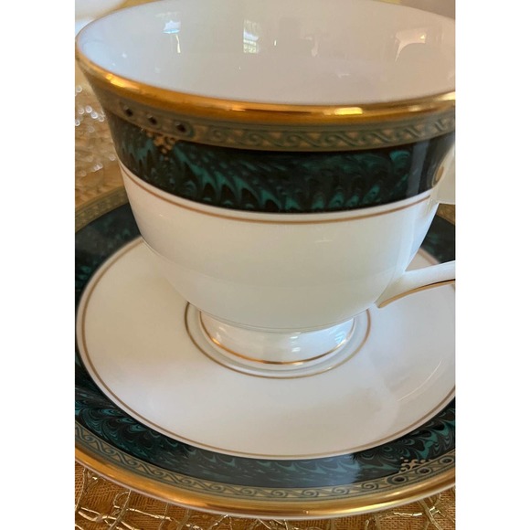 Lenox Bone China Classic Edition Footed Cup & Saucer Set, White, Green Marble - Picture 3 of 10